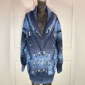 Frye Tribal Shawl Collar Cardigan Sweater Blue Longline Size L